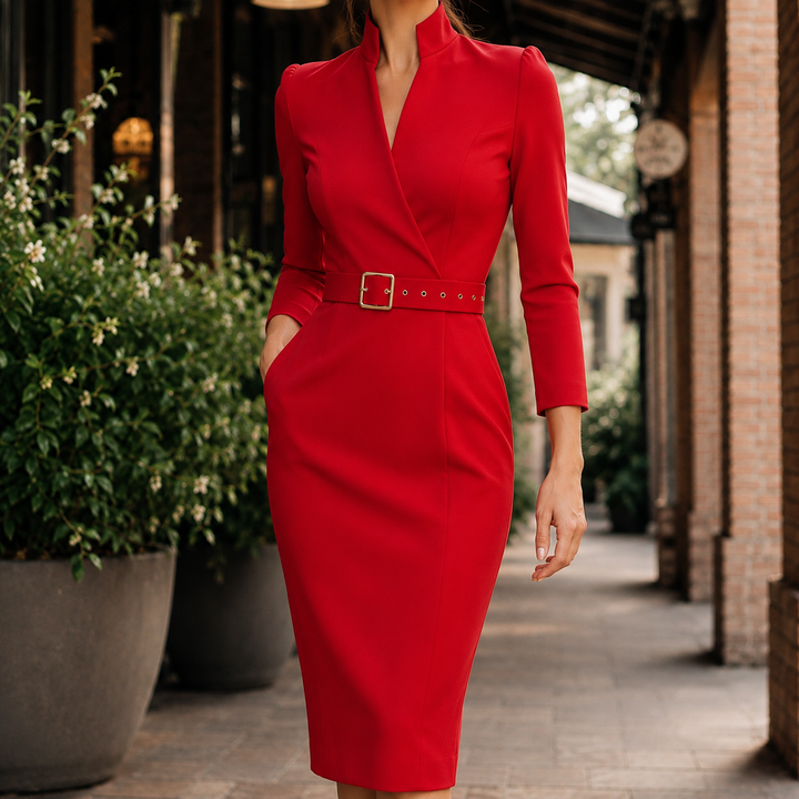 Vivienne | Long Sleeve Tailored Wrap-Neck Midi Dress with Belt