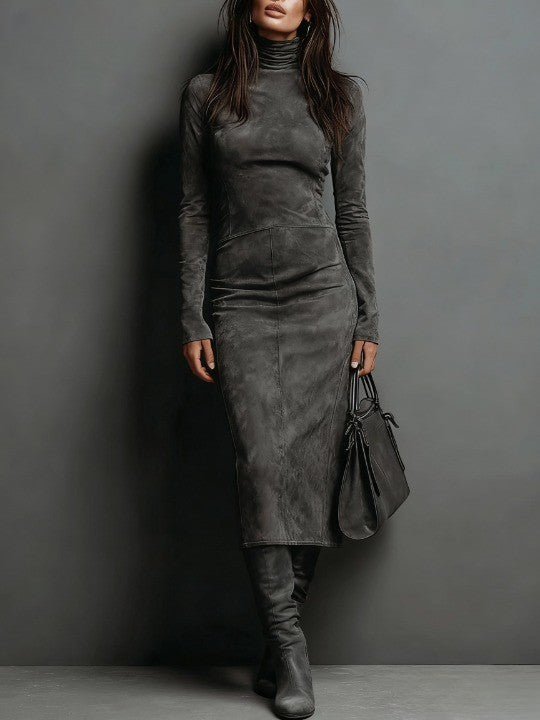 Wilhelmina | Suede High Neck Midi Dress