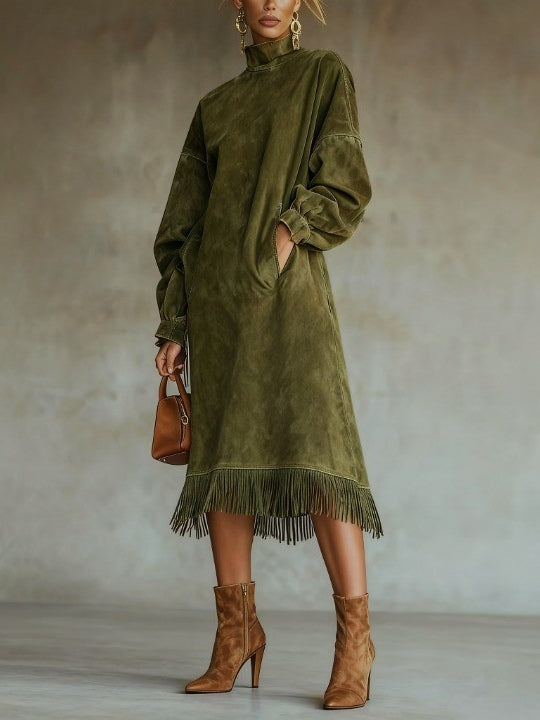 Genevieve Rae | Suede Turtleneck Fringe Maxi Dress