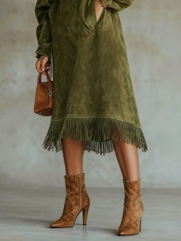 Genevieve Rae | Suede Turtleneck Fringe Maxi Dress