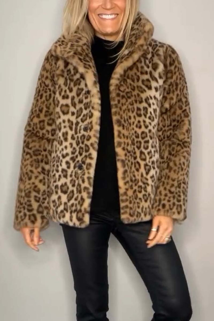 Leopard Print Faux Fur Coat, Mid-Length