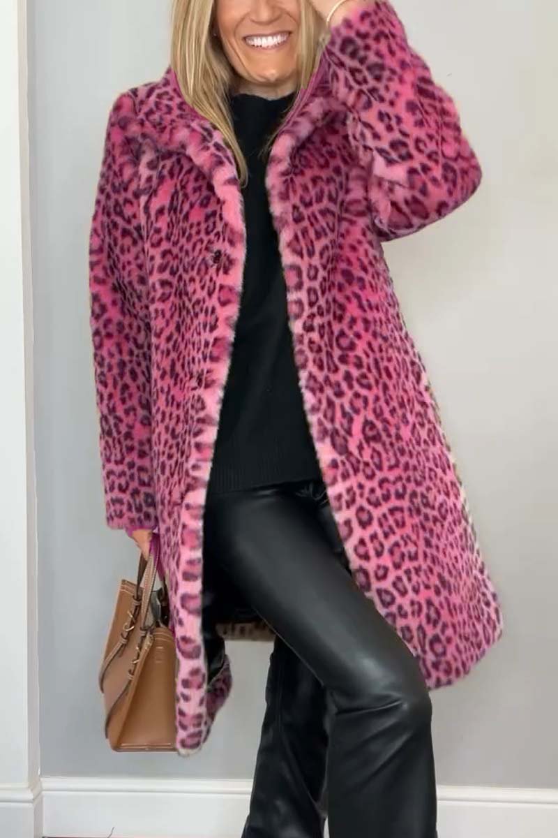 Leopard Print Faux Fur Coat, Mid-Length