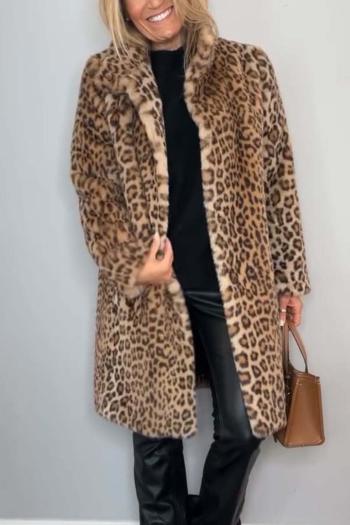 Leopard Print Faux Fur Coat, Mid-Length