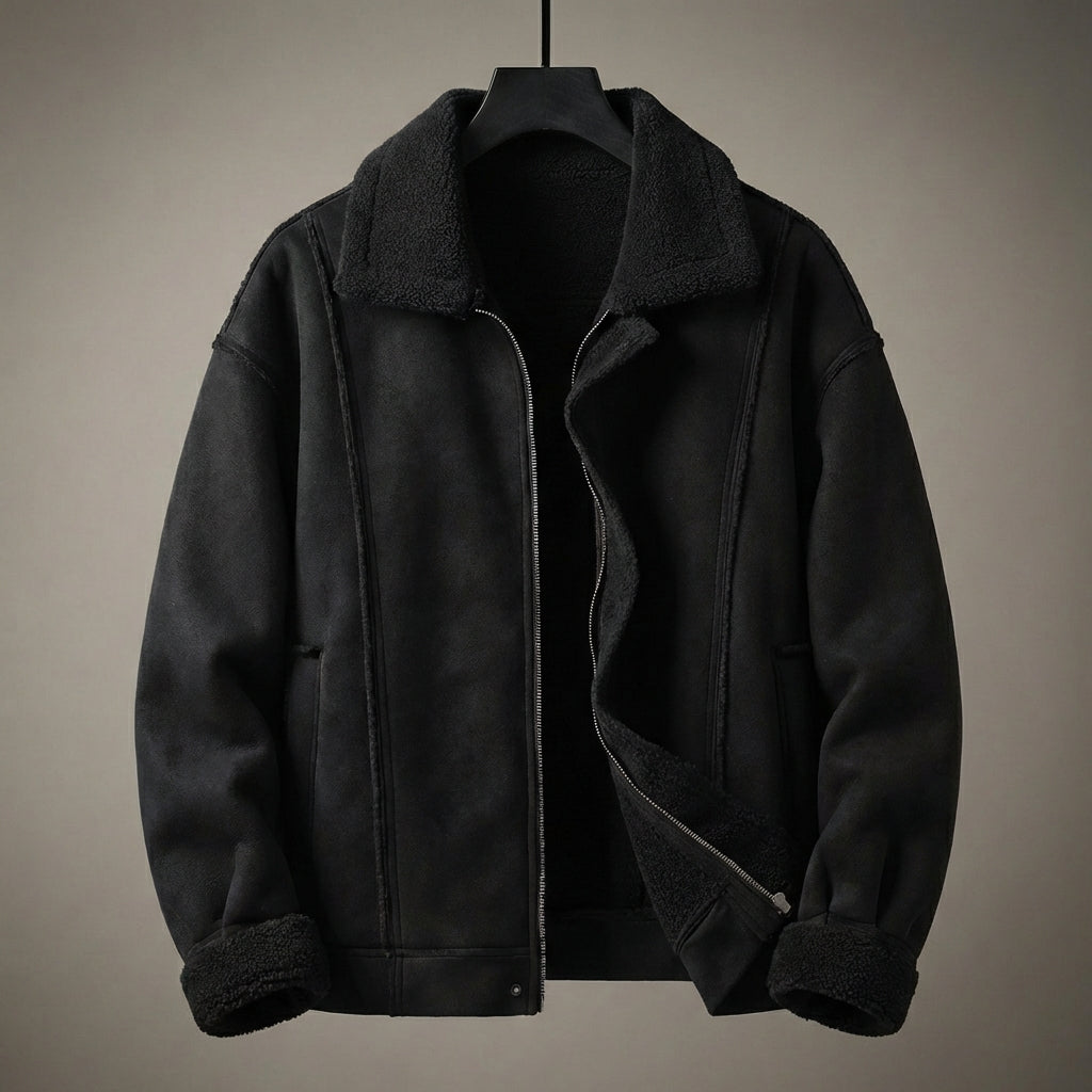 Rowan | Black Suede Aviator Jacket with Shearling Lining