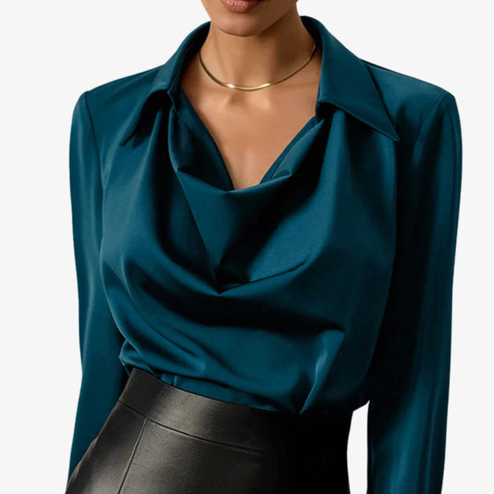 Isolde Faye | Drape Neck Long Sleeve Satin Blouse