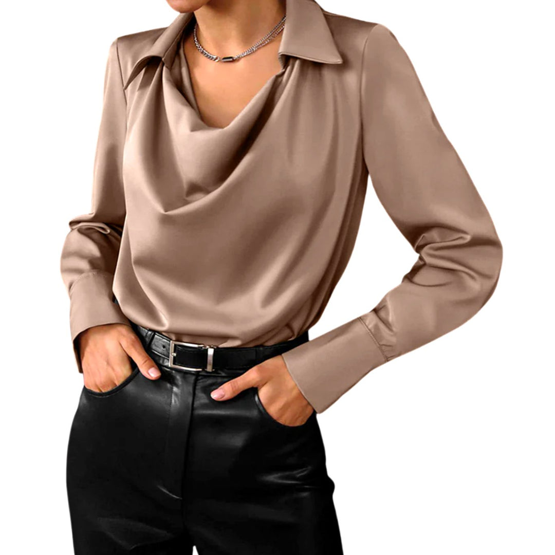 Isolde Faye | Drape Neck Long Sleeve Satin Blouse