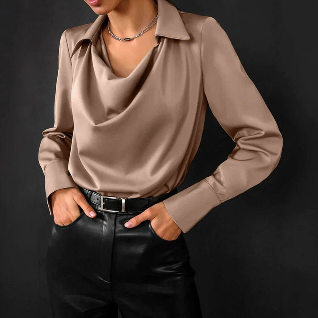 Isolde Faye | Drape Neck Long Sleeve Satin Blouse