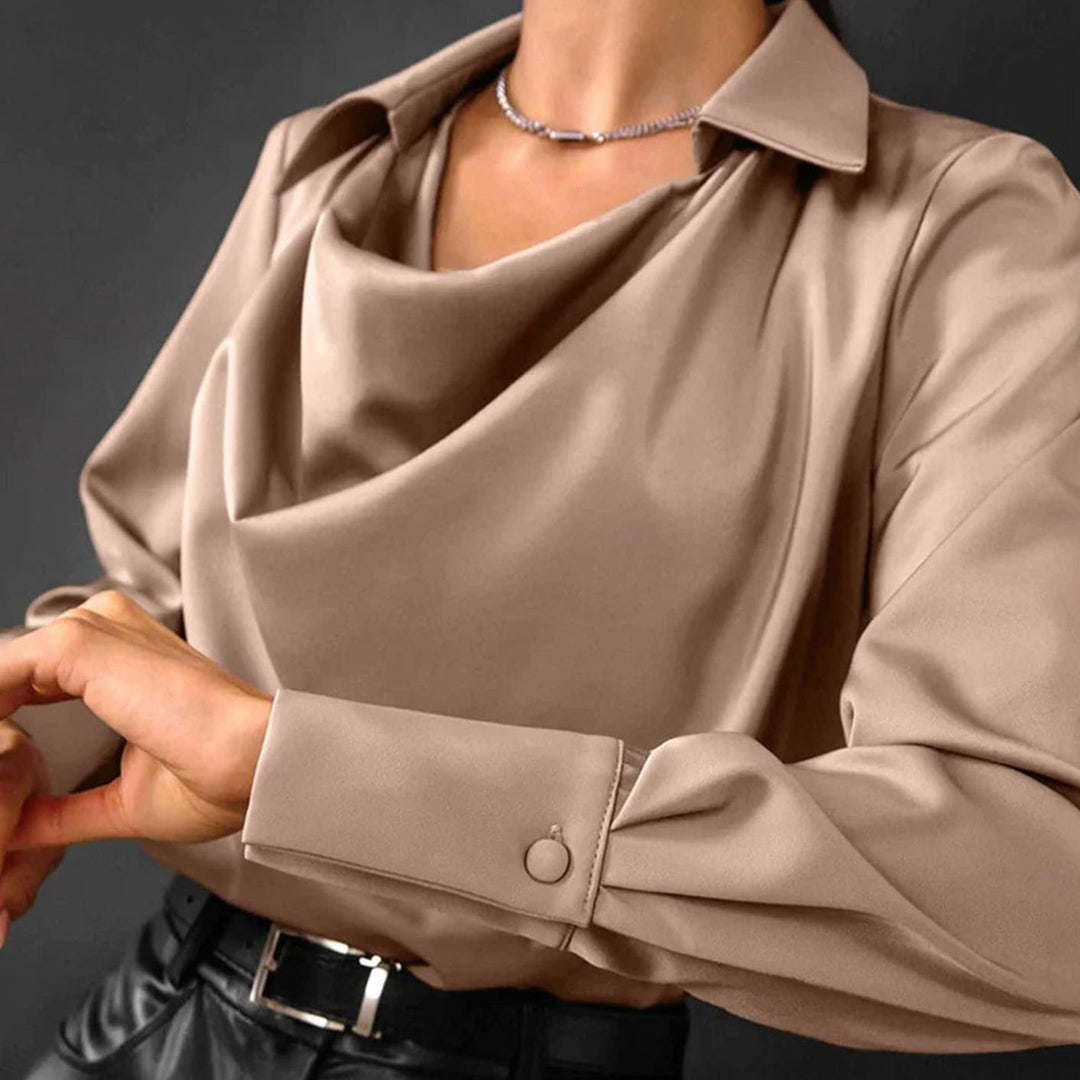 Isolde Faye | Drape Neck Long Sleeve Satin Blouse