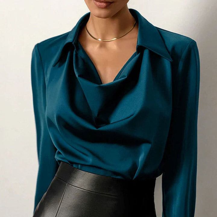 Isolde Faye | Drape Neck Long Sleeve Satin Blouse