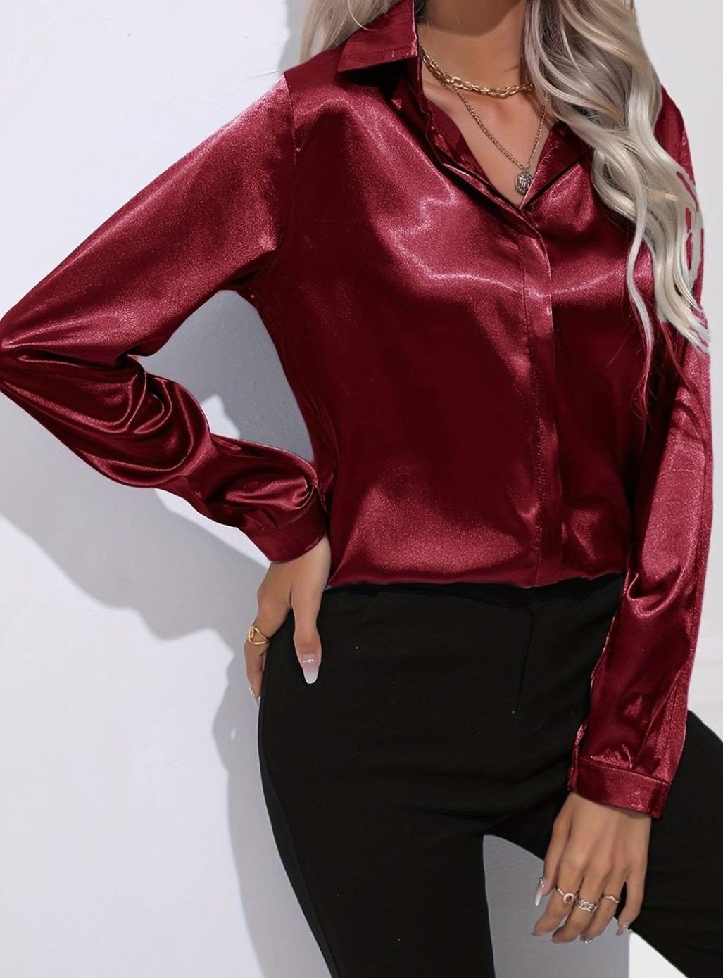 Isabelle Rae | Long Sleeve Button-Down Satin Blouse